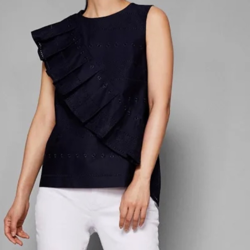 Ted Baker NWT Navy Blue Forelli Ruffle Front Sleeveless Blouse Size 0(2)